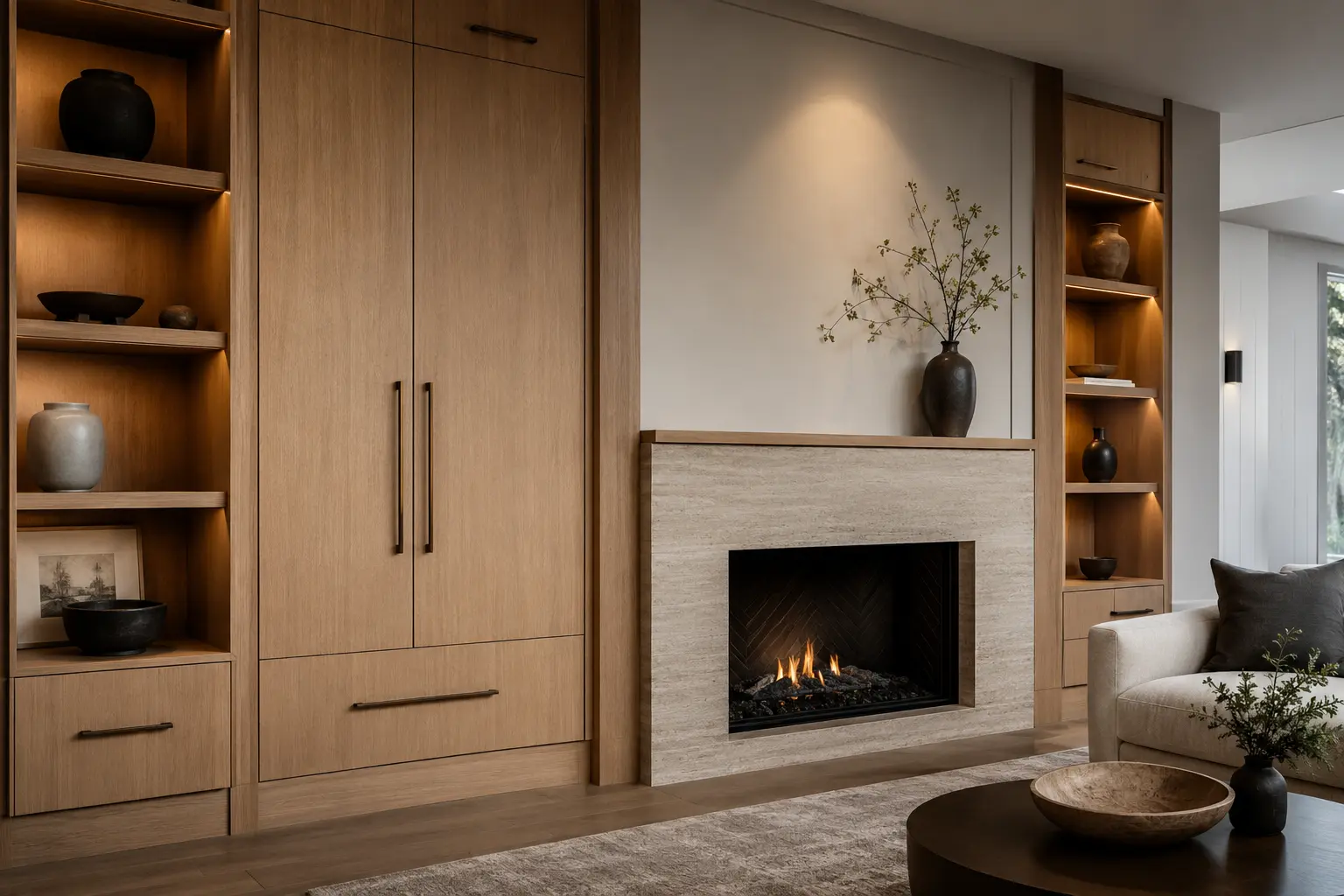 Oak cabinetry limestone fireplace and warm integrated lighting